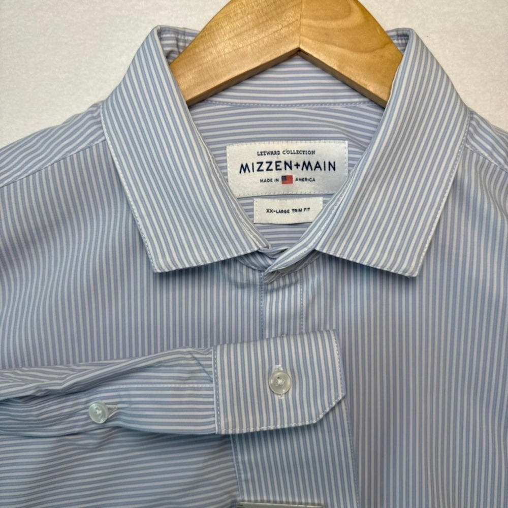Mizzen+Main Leeward Collection Blue White Striped Trim Fit Dress Shirt XXL